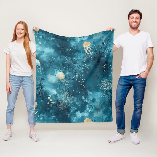 Luxe Blauwe Kwallen Koraal Oceaan Patroon Fleece Deken (In situ)