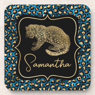 Luxe Blauwe Luipaardprint Gouden Dieren Monogram Bier Onderzetter