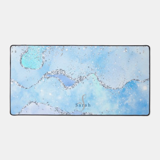 Luxe blauwe marmer & zilverglitter met naam-monogr bureaumat (Voorkant)