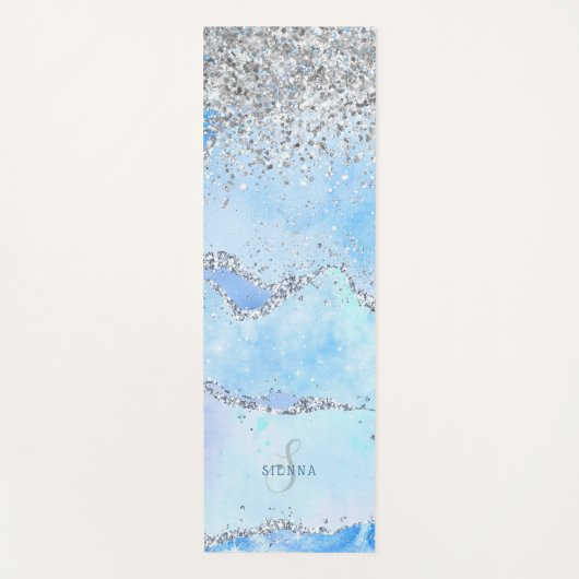 Luxe blauwe marmer & zilverglitter met naam-monogr yogamat (Voorkant)