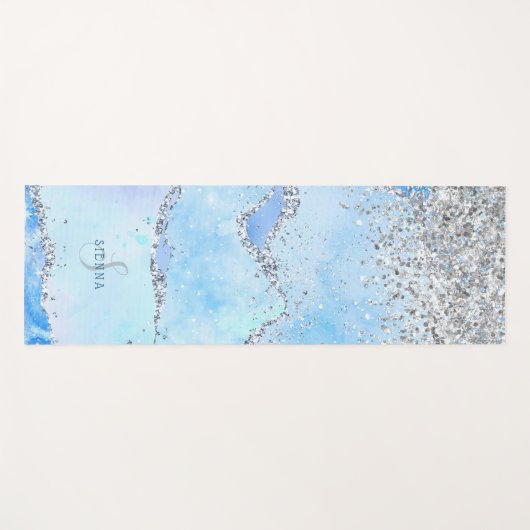 Luxe blauwe marmer & zilverglitter met naam-monogr yogamat (Voorkant (horizontaal))