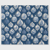 Luxe Blauwe Toile Kerst Ornament Cadeaupapier (Vlak)