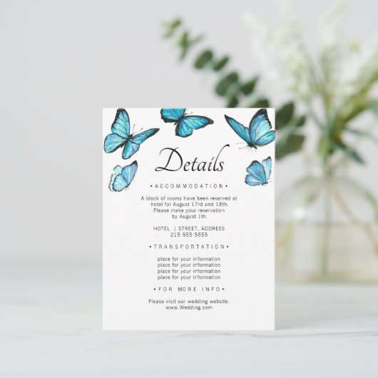 Luxe blauwe vlinders. Stijlvolle bruiloft details Informatiekaartje (Staand voorkant)