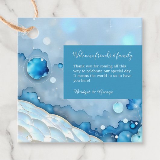 Luxe Blauwe Waterverf Abstract Pearlescent Bedankjes Labels (Voorkant)