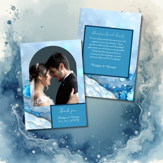 Luxe Blauwe Waterverf Abstract Pearlescent Bedankkaart