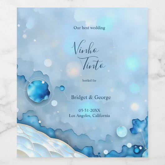 Luxe Blauwe Waterverf Abstract Pearlescent Wijn Etiket (Enkel label)
