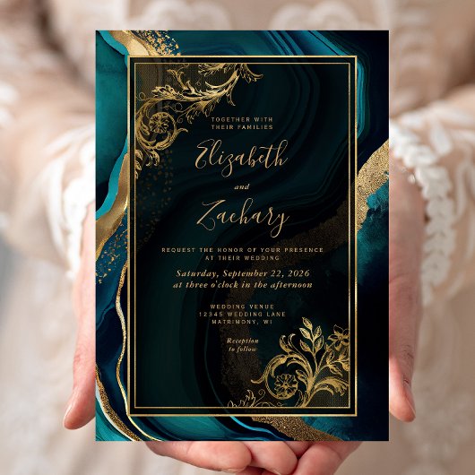 Luxe Blauwgroen Agaat Gold Lijst bruiloft Kaart