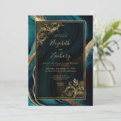 Luxe Blauwgroen Agaat Goud Lijst QR Code Huwelijk Kaart (Staand voorkant)