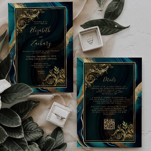 Luxe Blauwgroen Agaat Goud Lijst QR Code Huwelijk Kaart
