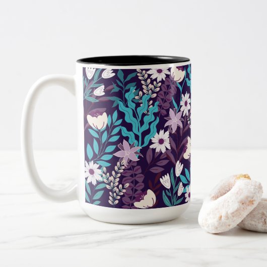 Luxe Blauwgroen en Bourgondische bloemen Tweekleurige Koffiemok (Met donut)