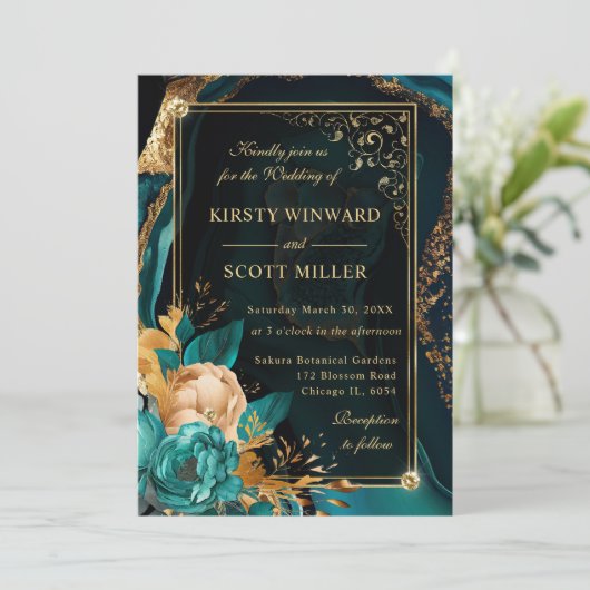 Luxe Blauwgroen en Goud Bloemen Roos Agaat Bruilof Kaart (Staand voorkant)
