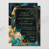 Luxe Blauwgroen en Goud Bloemen Roos Agaat Bruilof Kaart (Voorkant / Achterkant)
