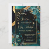 Luxe Blauwgroen en Goud Bloemenagaat Sweet Sixteen Kaart (Voorkant)