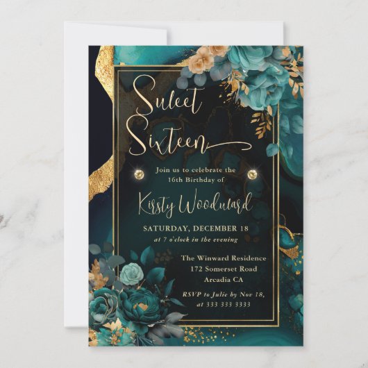 Luxe Blauwgroen en Goud Bloemenagaat Sweet Sixteen Kaart (Voorkant)