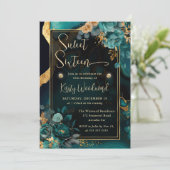Luxe Blauwgroen en Goud Bloemenagaat Sweet Sixteen Kaart (Staand voorkant)