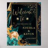 Luxe Blauwgroen en Goud Floral Agaat Bruiloft Welk Poster (Voorkant)