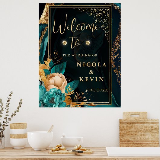 Luxe Blauwgroen en Goud Floral Agaat Bruiloft Welk Poster (Keuken)