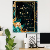 Luxe Blauwgroen en Goud Floral Agaat Bruiloft Welk Poster (Thuiskantoor)