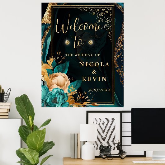 Luxe Blauwgroen en Goud Floral Agaat Bruiloft Welk Poster (Thuiskantoor)