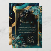 Luxe Blauwgroen en Gouden Bloemenagaat Quinceanera Bedankkaart (Voorkant / Achterkant)