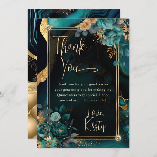 Luxe Blauwgroen en Gouden Bloemenagaat Quinceanera Bedankkaart (Voorkant / Achterkant)