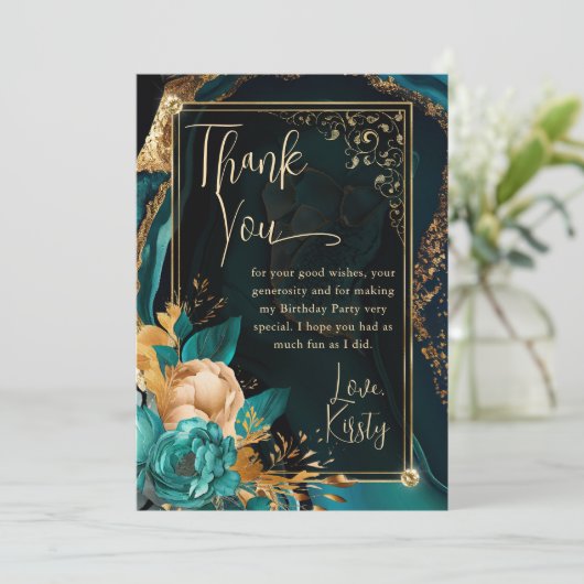 Luxe Blauwgroen en Gouden Bloemenagaat Verjaardags Bedankkaart (Staand voorkant)