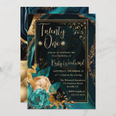 Luxe Blauwgroen en Gouden Bloemenagaat Verjaardags Kaart (Voorkant / Achterkant)