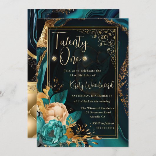 Luxe Blauwgroen en Gouden Bloemenagaat Verjaardags Kaart (Voorkant / Achterkant)