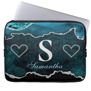 Luxe Blauwgroen en Silver Glitter Agate Pattern Laptop Sleeve