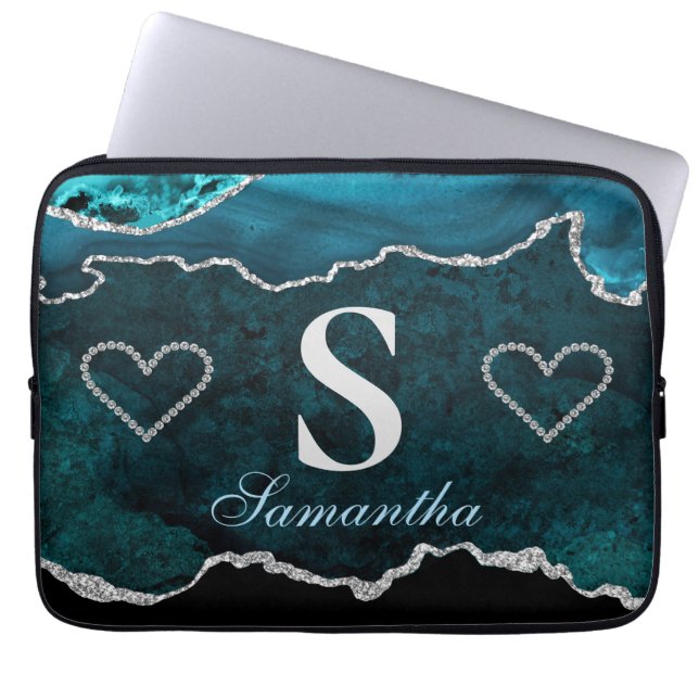 Luxe Blauwgroen en Silver Glitter Agate Pattern Laptop Sleeve (Voorkant)