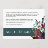 Luxe Blauwgroen en Wijn Bloemen Bruiloft Details Informatiekaartje (Voorkant)