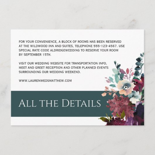 Luxe Blauwgroen en Wijn Bloemen Bruiloft Details Informatiekaartje (Voorkant)