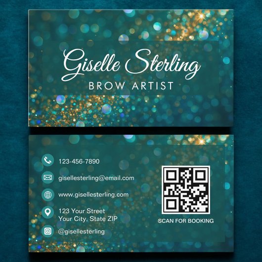 Luxe Blauwgroen Gouden Glitter Brow Artiest QR Cod Visitekaartje