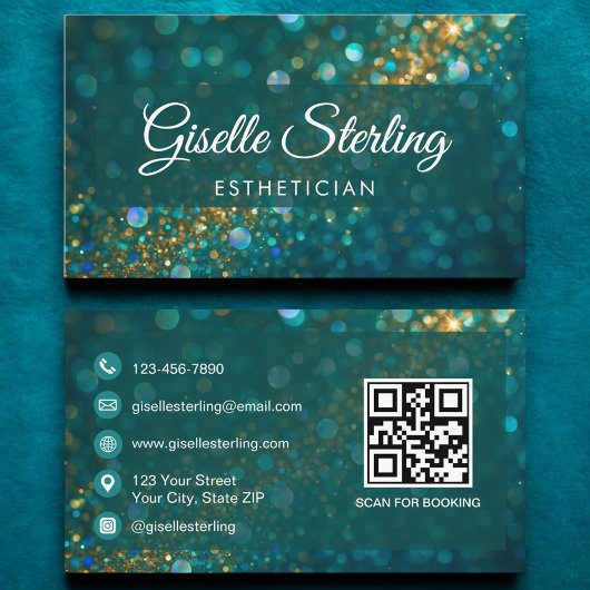 Luxe Blauwgroen Gouden Glitter Esthetician QR Code Visitekaartje