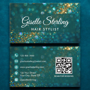 Luxe Blauwgroen Gouden Glitter Hair Stylist QR Cod Visitekaartje