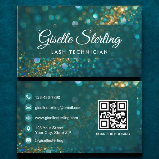 Luxe Blauwgroen Gouden Glitter Lash Tech QR-code Visitekaartje