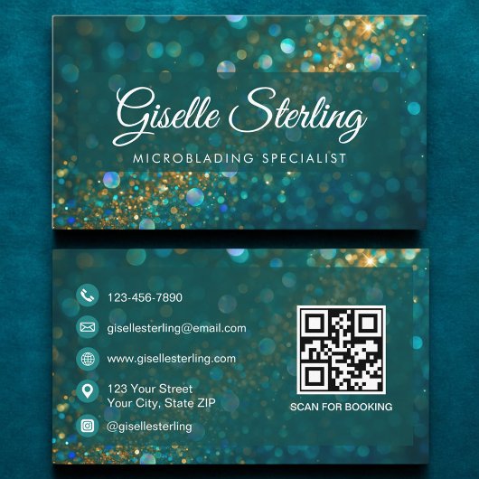 Luxe Blauwgroen Gouden Glitter Microblading QR-cod Visitekaartje