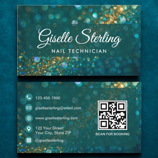 Luxe Blauwgroen Gouden Glitter Nail Technician QR- Visitekaartje