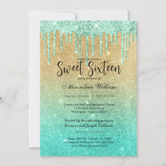 Luxe blauwgroen goudmakreeldruppels Sweet 16 Kaart (Voorkant)