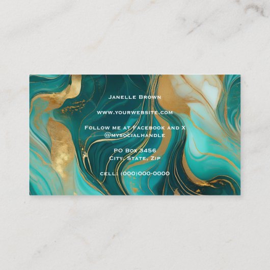 Luxe Blauwgroen marmer en goudfolie Visitekaartje (Achterkant)