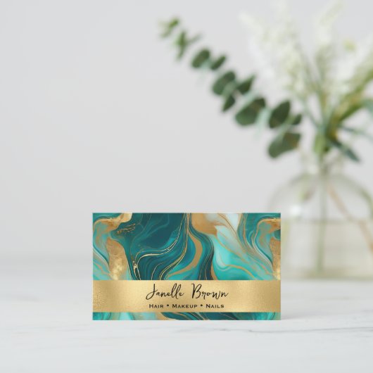 Luxe Blauwgroen marmer en goudfolie Visitekaartje (Staand voorkant)