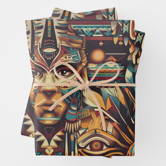 Luxe Blauwgroen "Meso-Amerikaans Motief" Wrapping  Inpakpapier Vel (In situ)