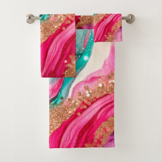 Luxe Blauwgroen Roze Gouden Glitter Bad Handdoek (Insitu)