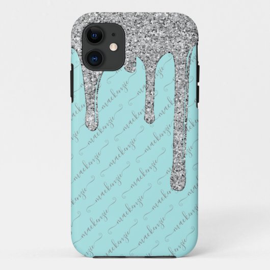 Luxe Blauwgroen Silver Glitter Drips Script Naam Case-Mate iPhone Case (Achterkant)