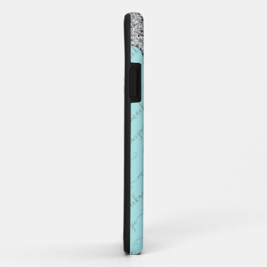 Luxe Blauwgroen Silver Glitter Drips Script Naam Case-Mate iPhone Case (Achterkant/rechts)