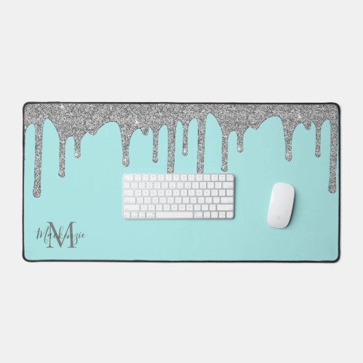 Luxe Blauwgroen Silver Sparkle Glitter Drips Monog Bureaumat (Keyboard & Muis)