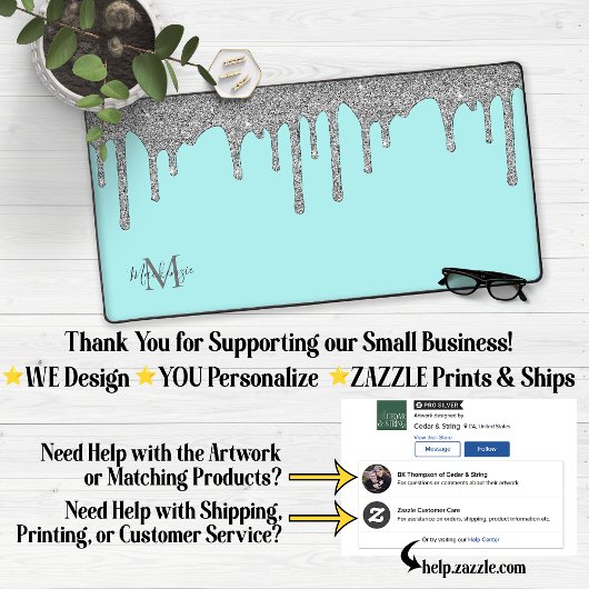 Luxe Blauwgroen Silver Sparkle Glitter Drips Monog Bureaumat