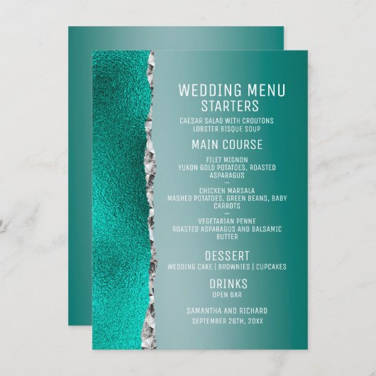 Luxe Blauwgroen Turquoise Zilveren Glitter Bruilof Menu (Voorkant / Achterkant)