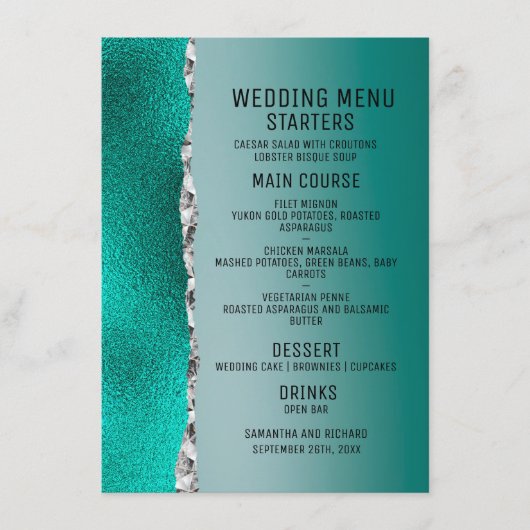 Luxe Blauwgroen Turquoise Zilveren Glitter Bruilof Menu (Voorkant)