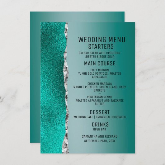 Luxe Blauwgroen Turquoise Zilveren Glitter Bruilof Menu (Voorkant / Achterkant)